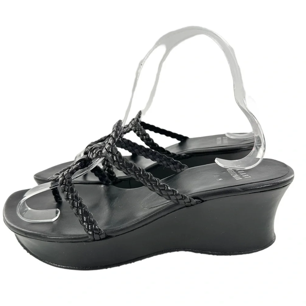 Stuart Weitzman womens sandals 8 black leather braided chunky platform slides